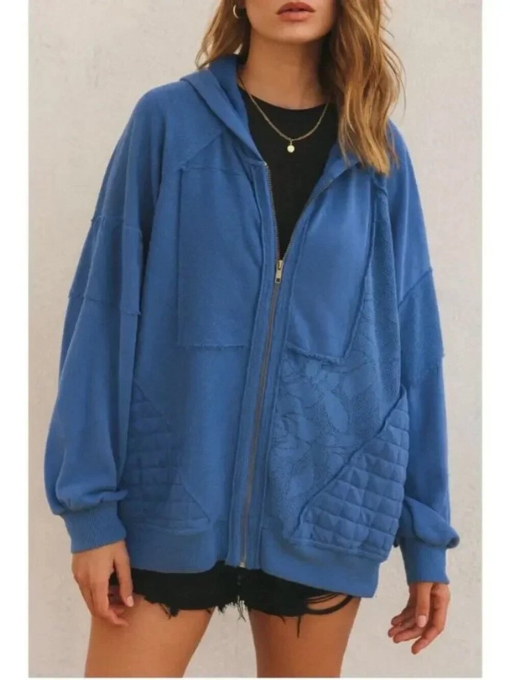 Pilcro Mixed Print Zip Up Hooded Sweatshirt Oversized Anthropologie Blue XS
